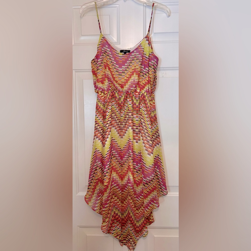 Soprano Geometric Chevron Women’s Dress M Asymmetrical Hem Colorful